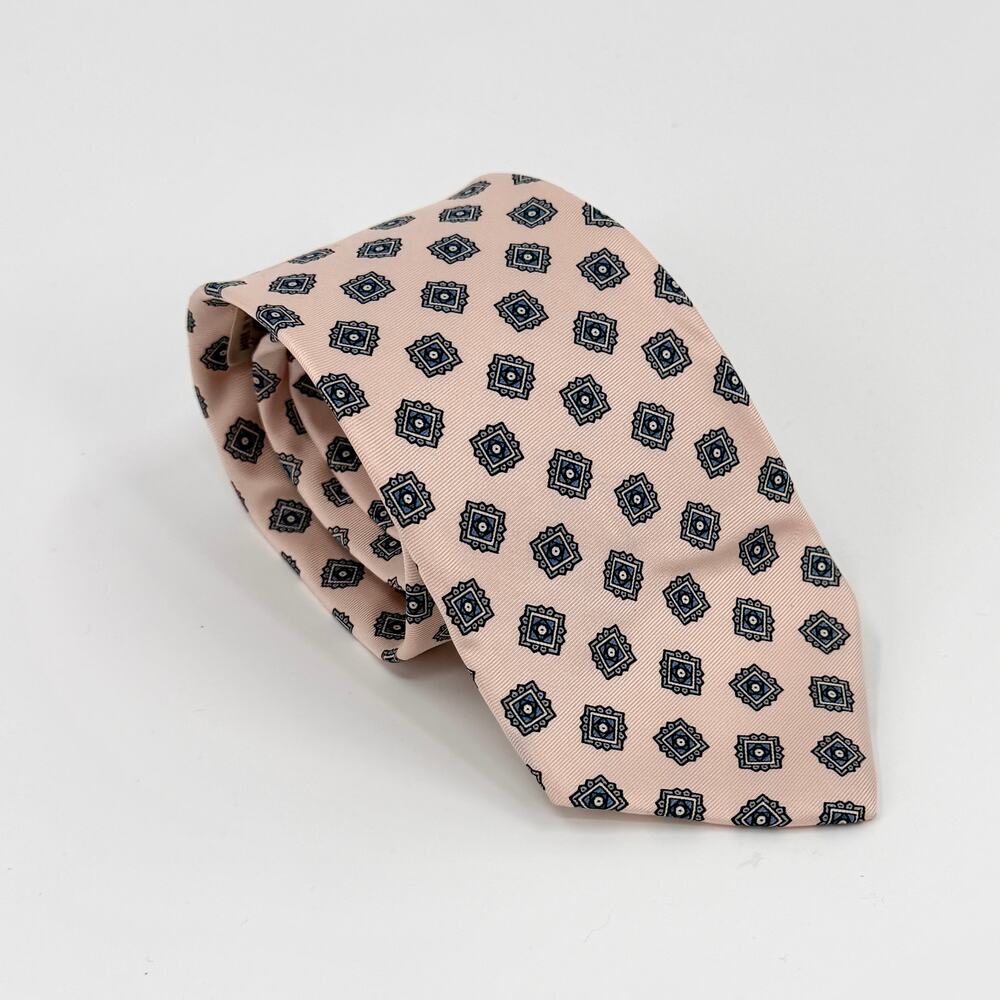 Vintage 80s Bert Pulitzer Pink Blue 100% Silk Geometric Medallion Necktie